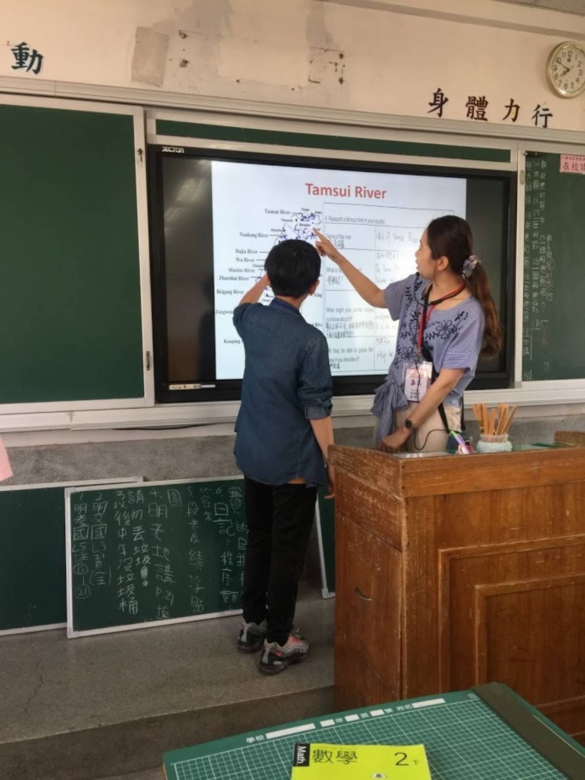 韓國學生也實地入班和日南國中學生共學，針對家鄉河川汙染的議題進行交流(日南國中提供)