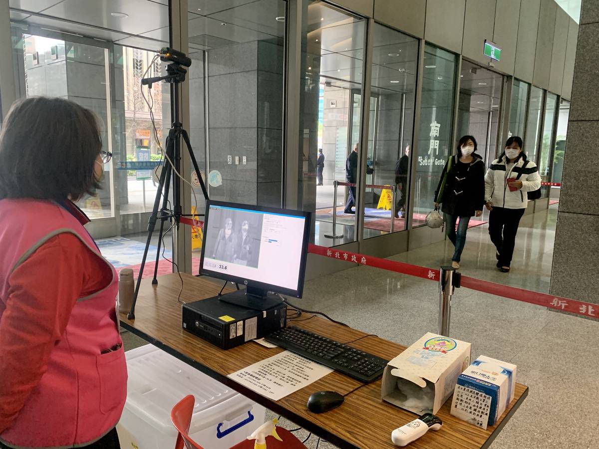 新北市府大樓從3月3號開始針對進出民眾或市府同仁都要使用紅外線體溫測量儀量測體溫