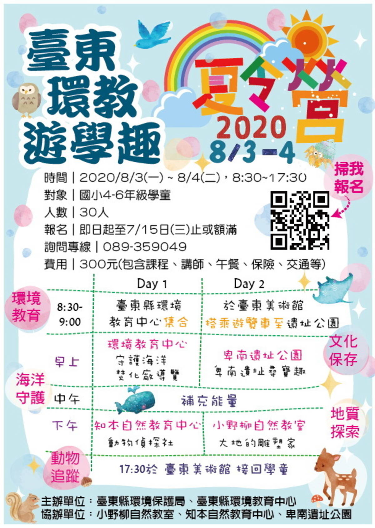 臺東縣內4個環境教育設施場所攜手合作，將從8月3日至4日舉辦環教遊學趣暑期夏令營。