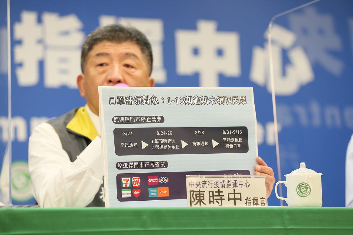 中央流行疫情指揮中心指揮官、衛生福利部部長陳時中說明口罩補領作業(指揮中心提供)。