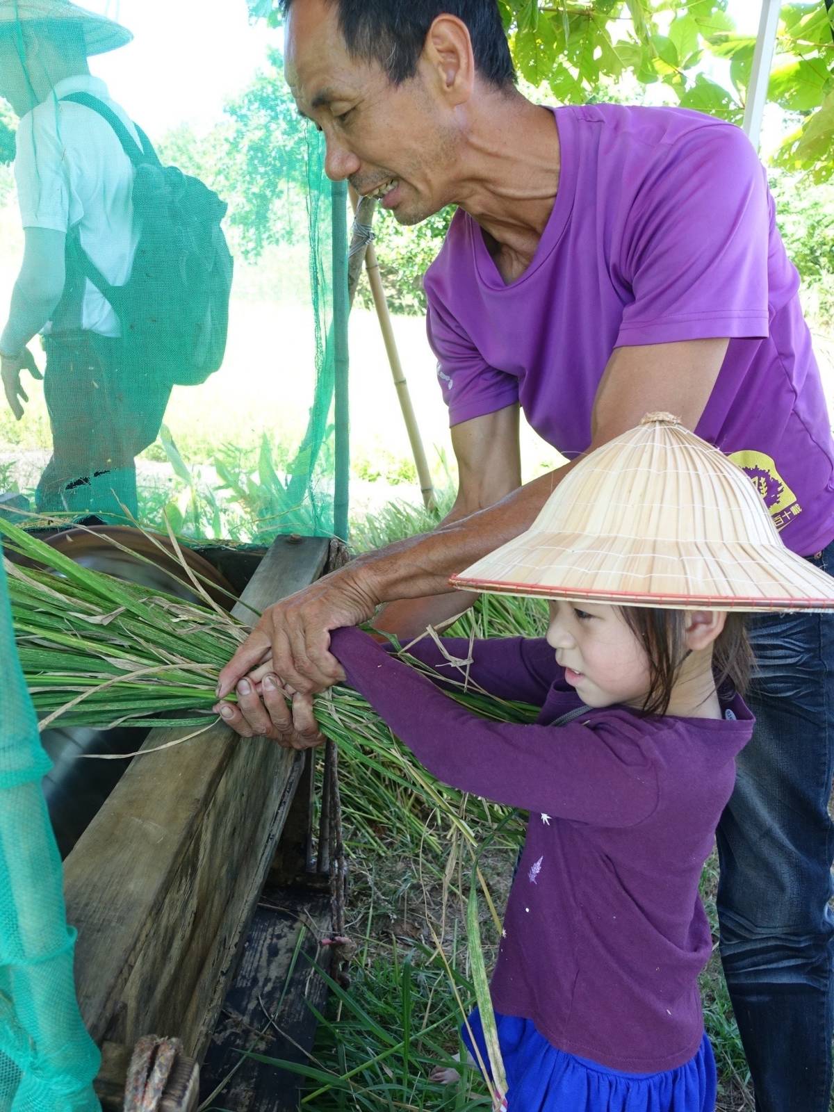祖孫共同稻穀脫粒、篩穀，一起創造記憶的溫度。