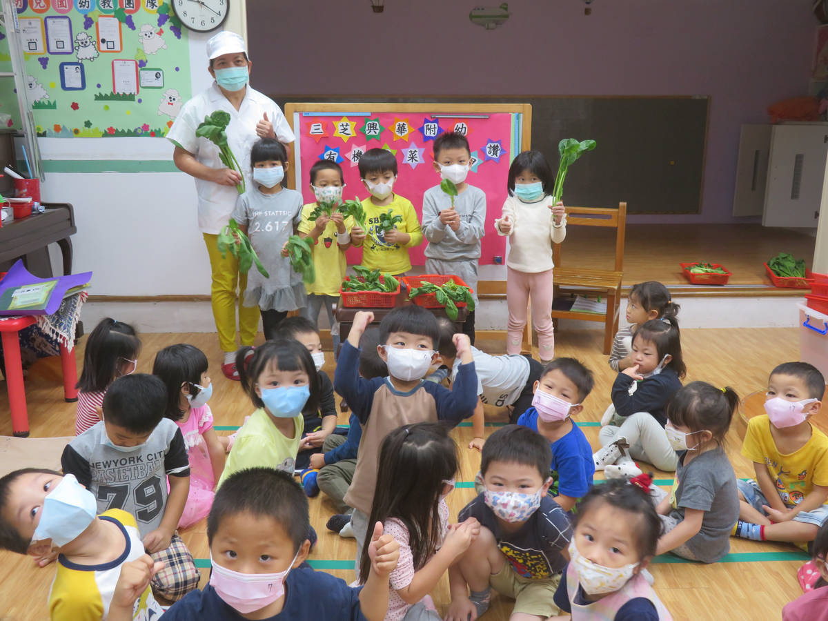 興華國小附幼許美珠廚工帶領幼生進行認識有機蔬菜的活動。