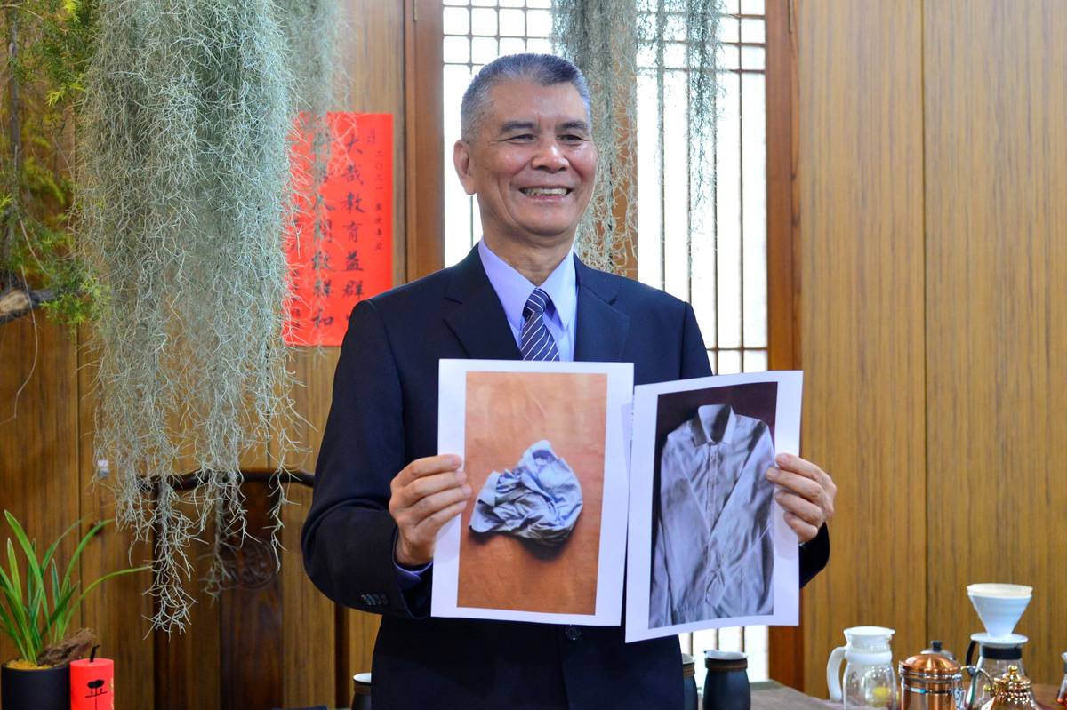 林坤旺過去都穿如右邊照片一件需要數千元的名牌，但他卻穿左邊回收來的襯衫。(圖為慈濟基金會提供)
