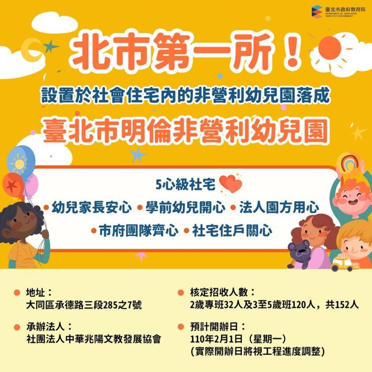 明倫非營利幼兒園預計在110年2月1日開辦，核定招收152名幼兒