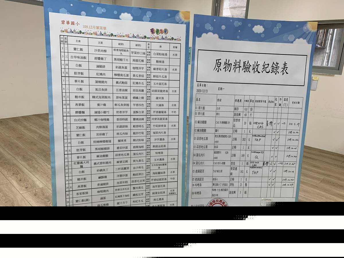 營養師說明，會將所有食材的章Q貼紙，撕下來附註在驗收單上，作為後續存檔與上傳到教育部校園食材登錄平台。