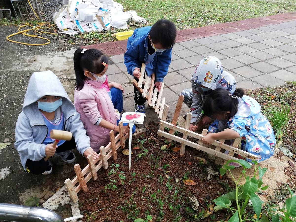 為了不讓狗兒進入菜園，孩子用木工製作木柵欄，守護菜園。