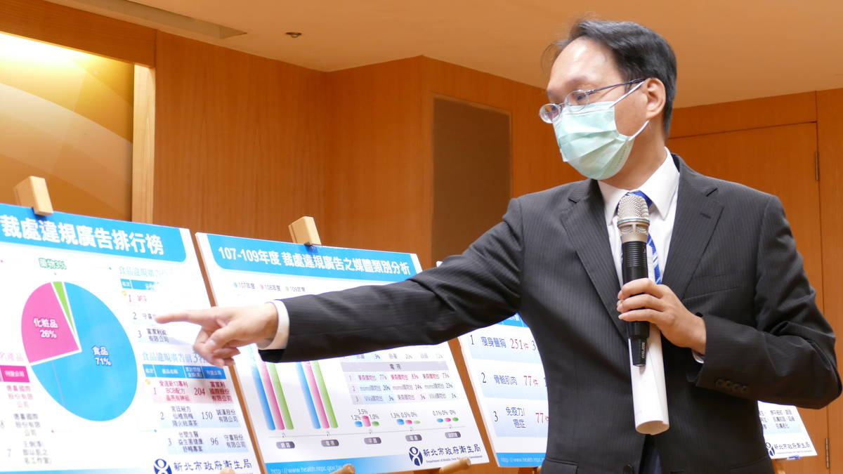 新北市衛生局許副局長朝程說明本局查獲違規廣告及開罰情形。