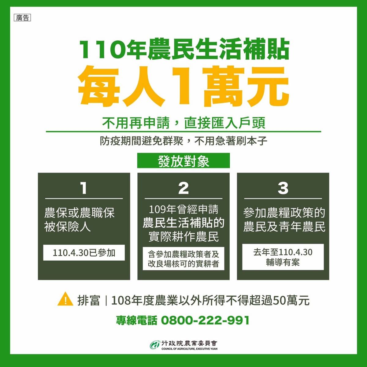 110年農民生活補貼。(農委會提供)