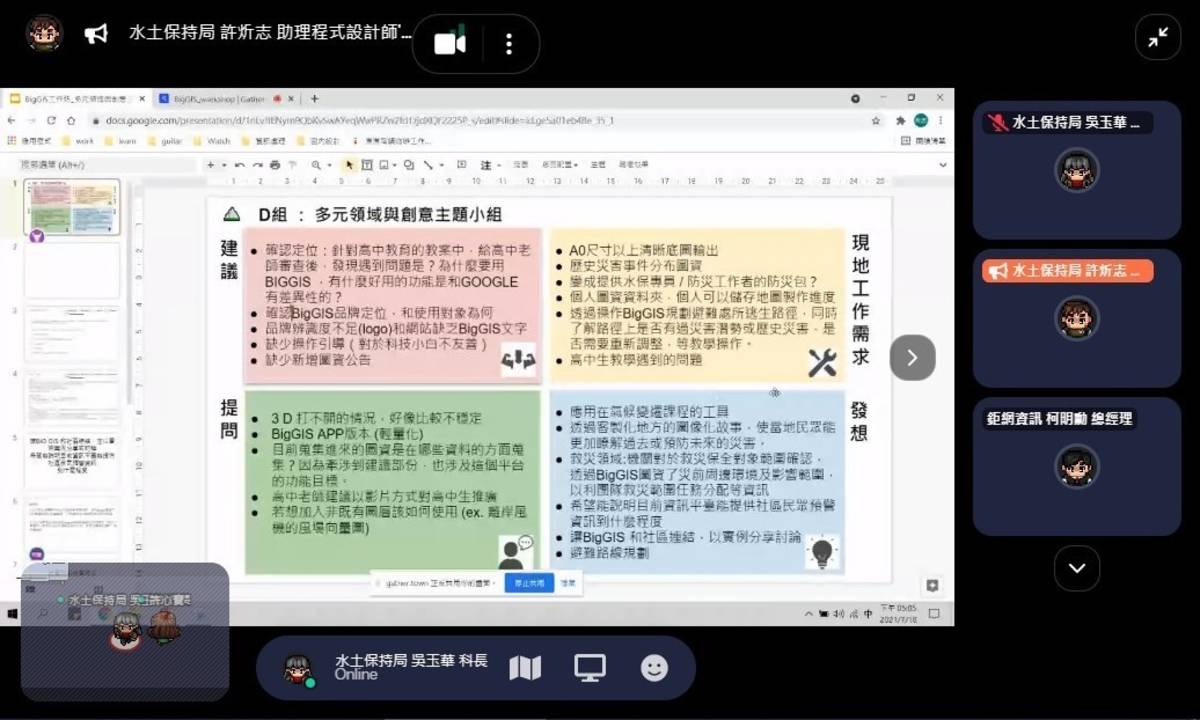 水土保持局今(110)年7月18日舉辦「BigGIS 2.0規劃及創新應用工作坊」分組成果發表與分享。(水保局提供)