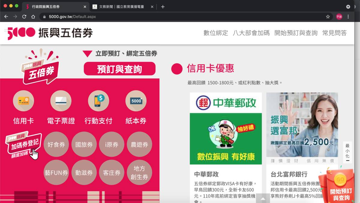 數位五倍券今起跑  前400萬綁定成功可享500元好食券
