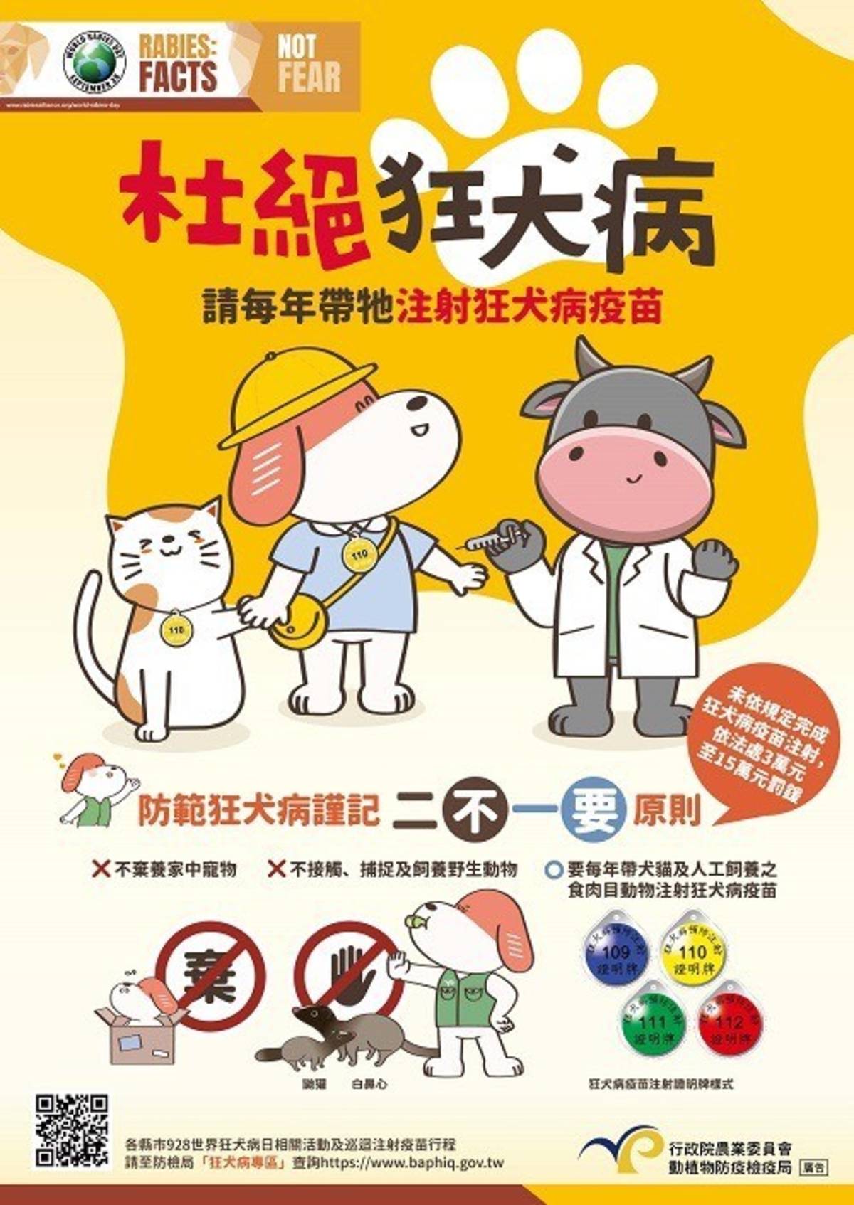 9月28日是世界狂犬病日，目的在提醒民眾莫忘狂犬病防疫工作，要定期帶家中犬、貓等毛小孩施打狂犬病疫苗，不隨意棄養寵物，到了戶外，也不要隨意接觸野生動物，共同阻斷狂犬病傳播。(農委會提供)