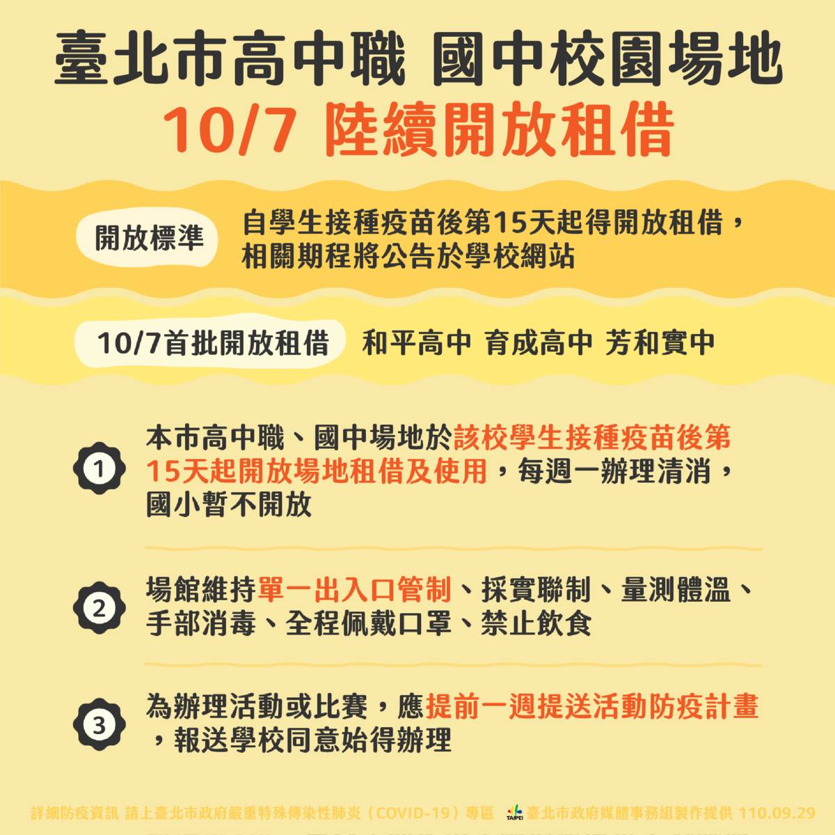 臺北市高中職、國中校園場地於學生接種疫苗後第15天起開放租借