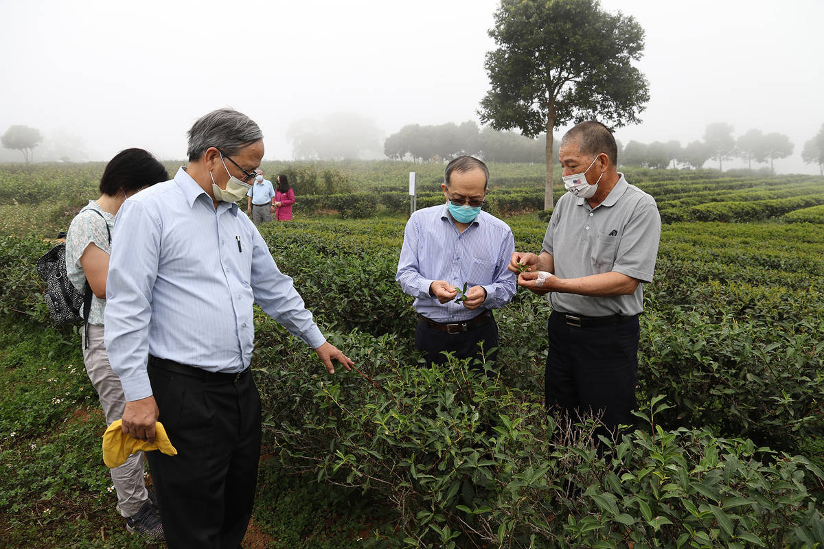 興大黃振文副校長（右2）與台茂董事長林冬霧（左2）提供三義靜思茶園農業資材與技術輔導