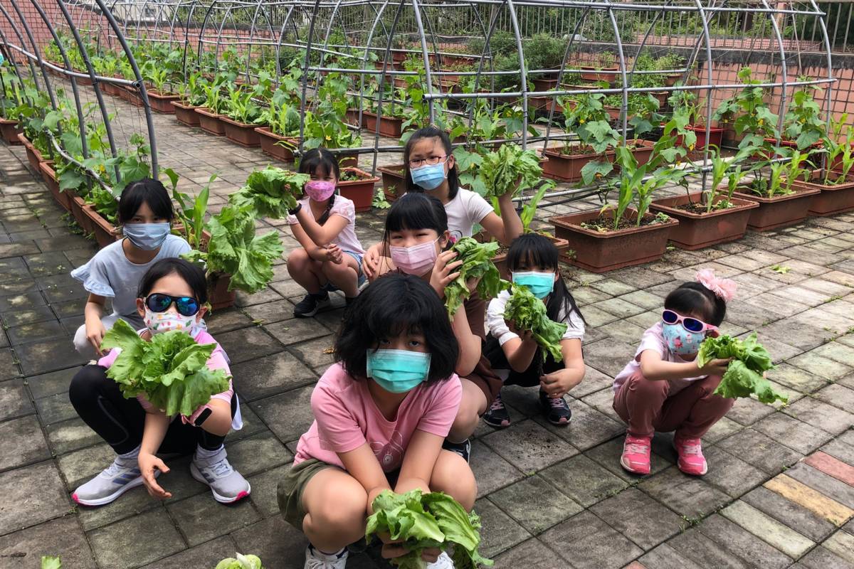 北市修德國小小田園大豐收，同學們將採收的蔬菜化作愛心，送到食物銀行