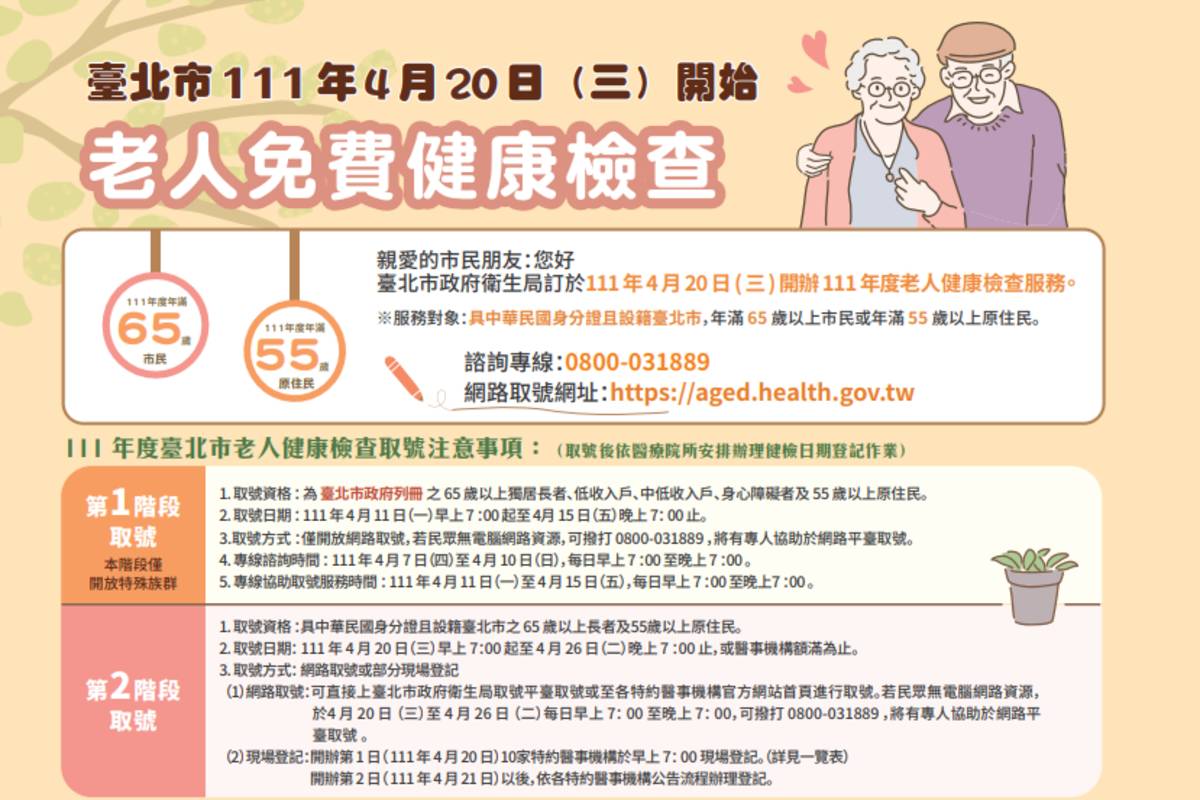 111年臺北市老人健檢4/20起跑，可利用網路取號或撥打免費諮詢專線預約