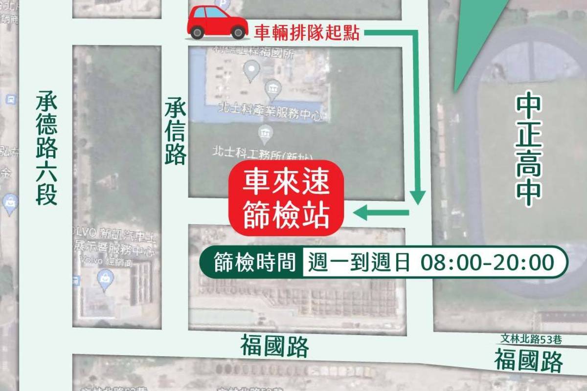 北士科「快篩陽急門診」車來速運作時間為週一到週日早上8點至晚上8點