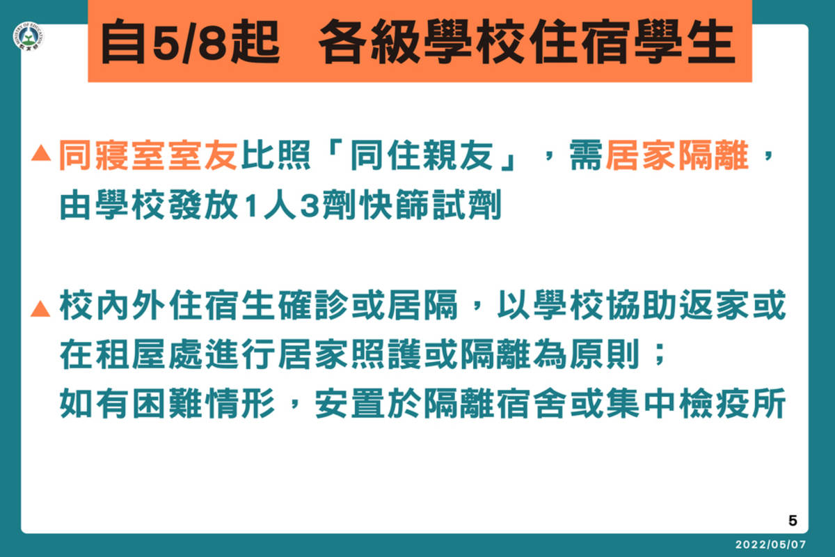 教育部宣布針對校園實施授課方式進行調整，住宿學生方面 (教育部提供)