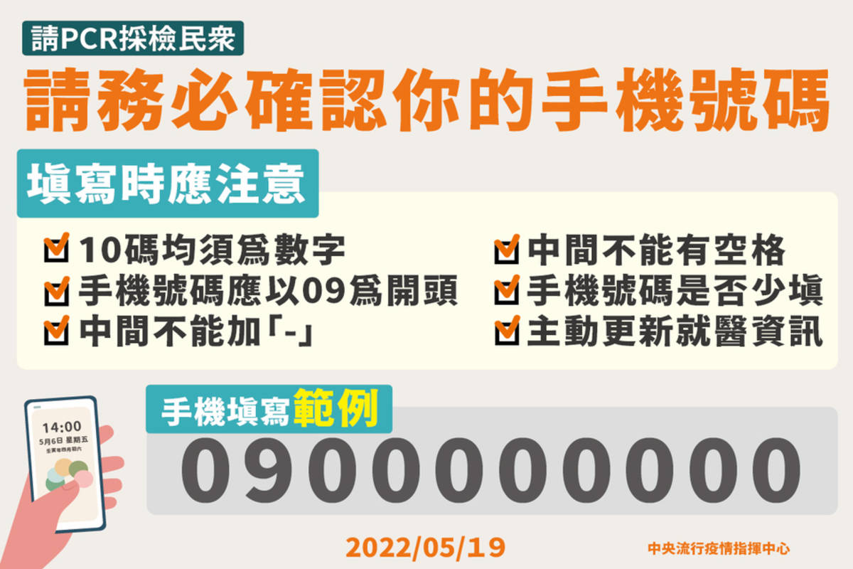 指揮中心提醒民眾於採檢時確認手機號碼，並且填寫自己使用的號碼，範例中號碼只是示範 (CDC提供)