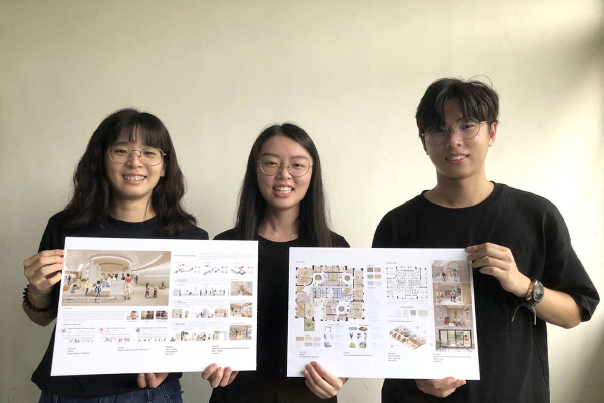 臺科大建築系曾智妘、李晨瑄、賴翰宇得獎作品「感覺治療行為健康診所」獲頒3000歐元 (臺科大提供)