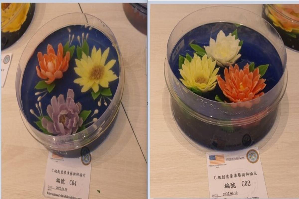 醒吾科大餐旅系姊姊黃俞文(圖左)及妹妹黃俞斐果凍花作品 (醒吾科大提供)