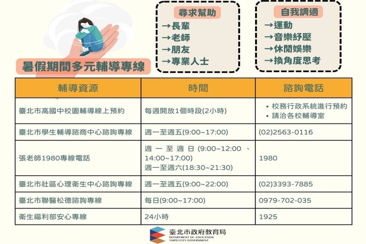 臺北市教育局提供多元輔導專線資源，讓學生能安心、健康、開心地歡度暑假