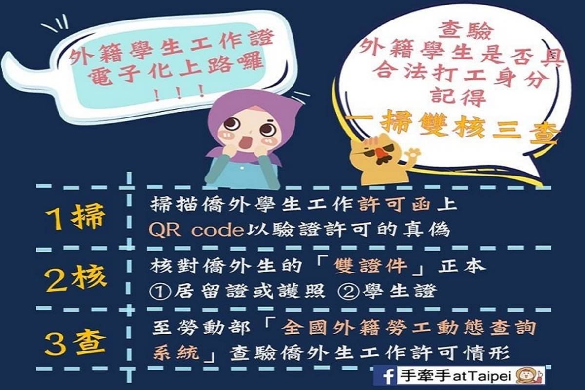 雇主聘僱僑外生前應檢驗「居留證」、「學生證」及「工作許可函」