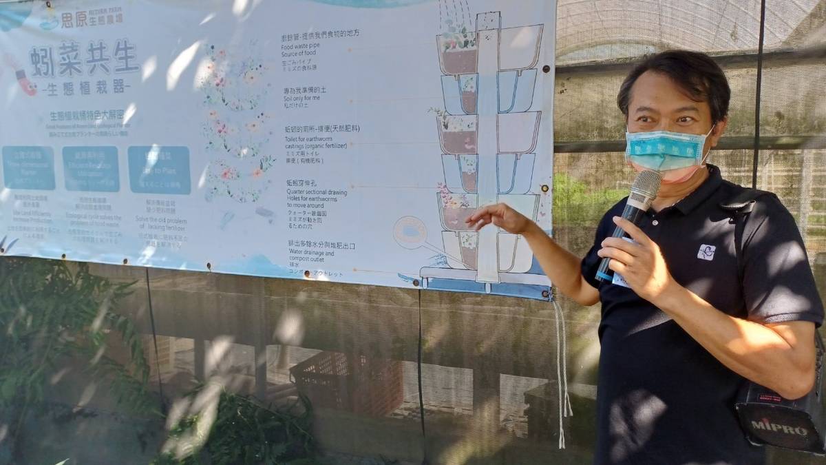 農場負責人羅條原先生解說蚓菜共生植栽器