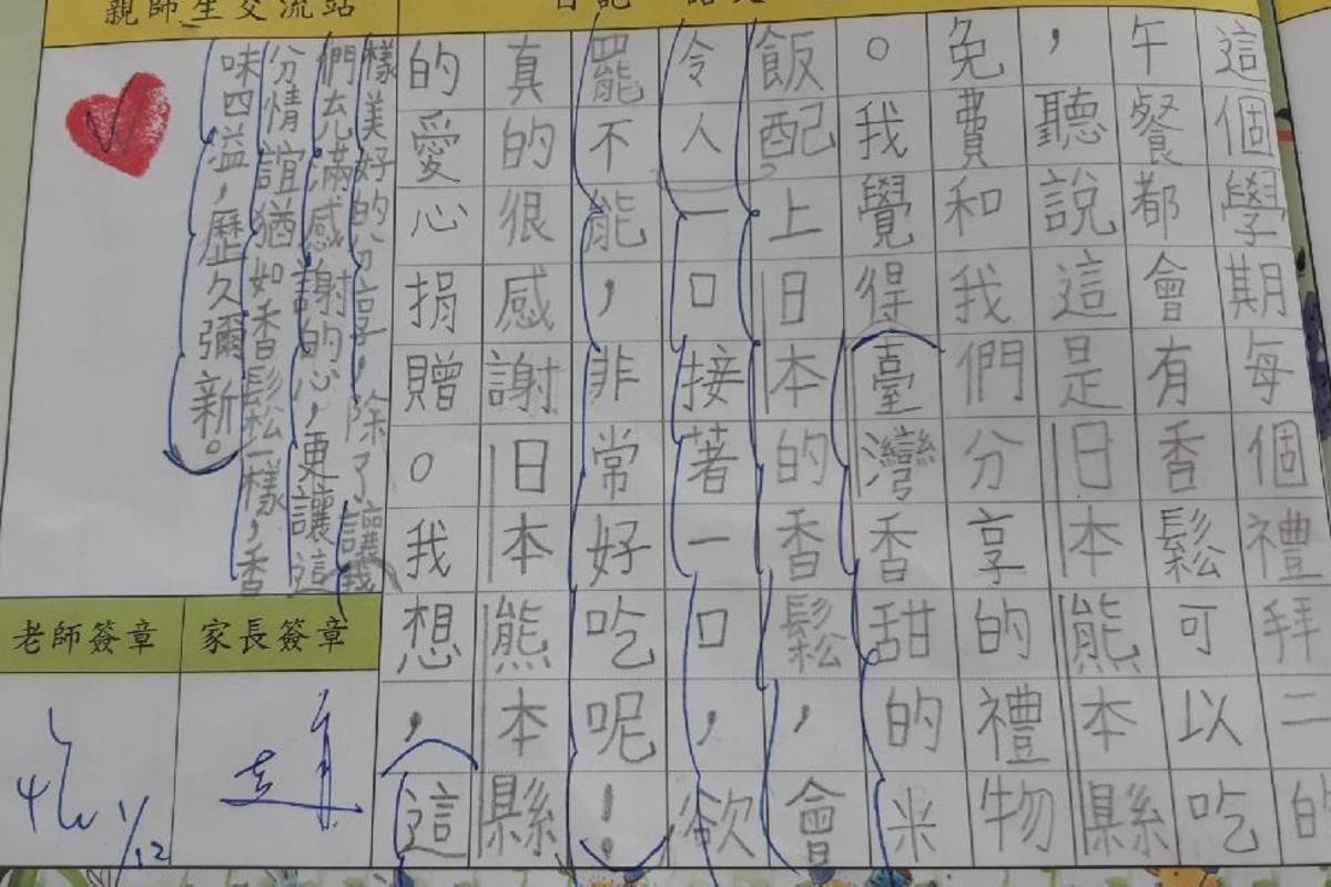 湖山國小學生在小日記上寫下獲贈香鬆的感謝之情