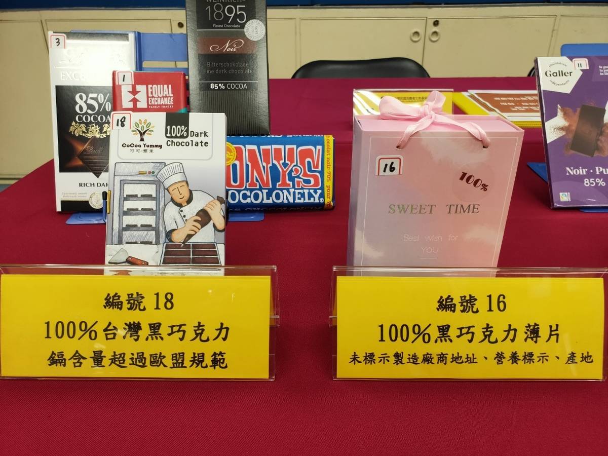消基會抽檢20種市售黑巧克力的結果，發現各有1件鉛、鎘超出國際標準 (消基會提供)