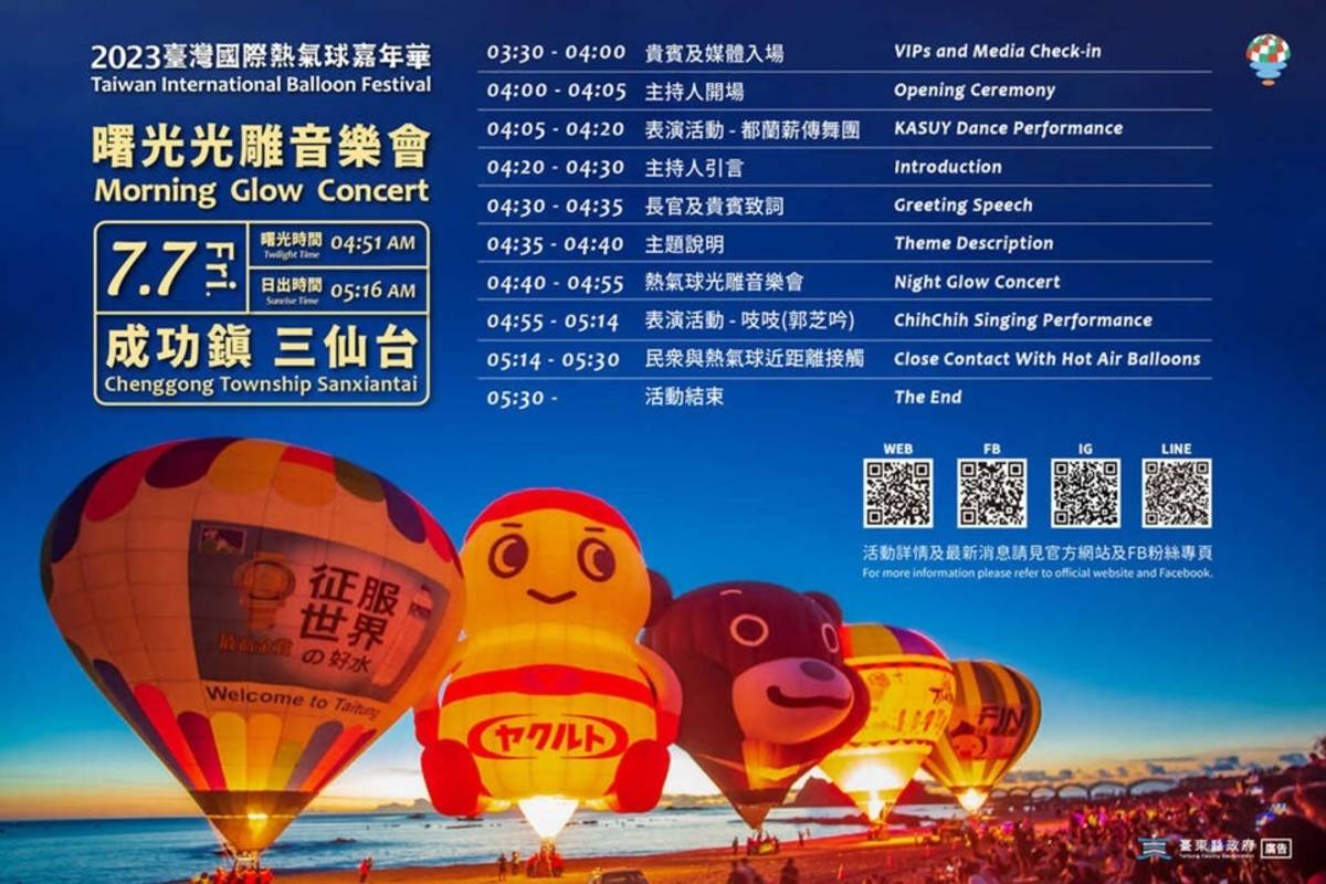 2023臺灣國際熱氣球嘉年華首場曙光光雕音樂會，7日將於三仙臺登場。