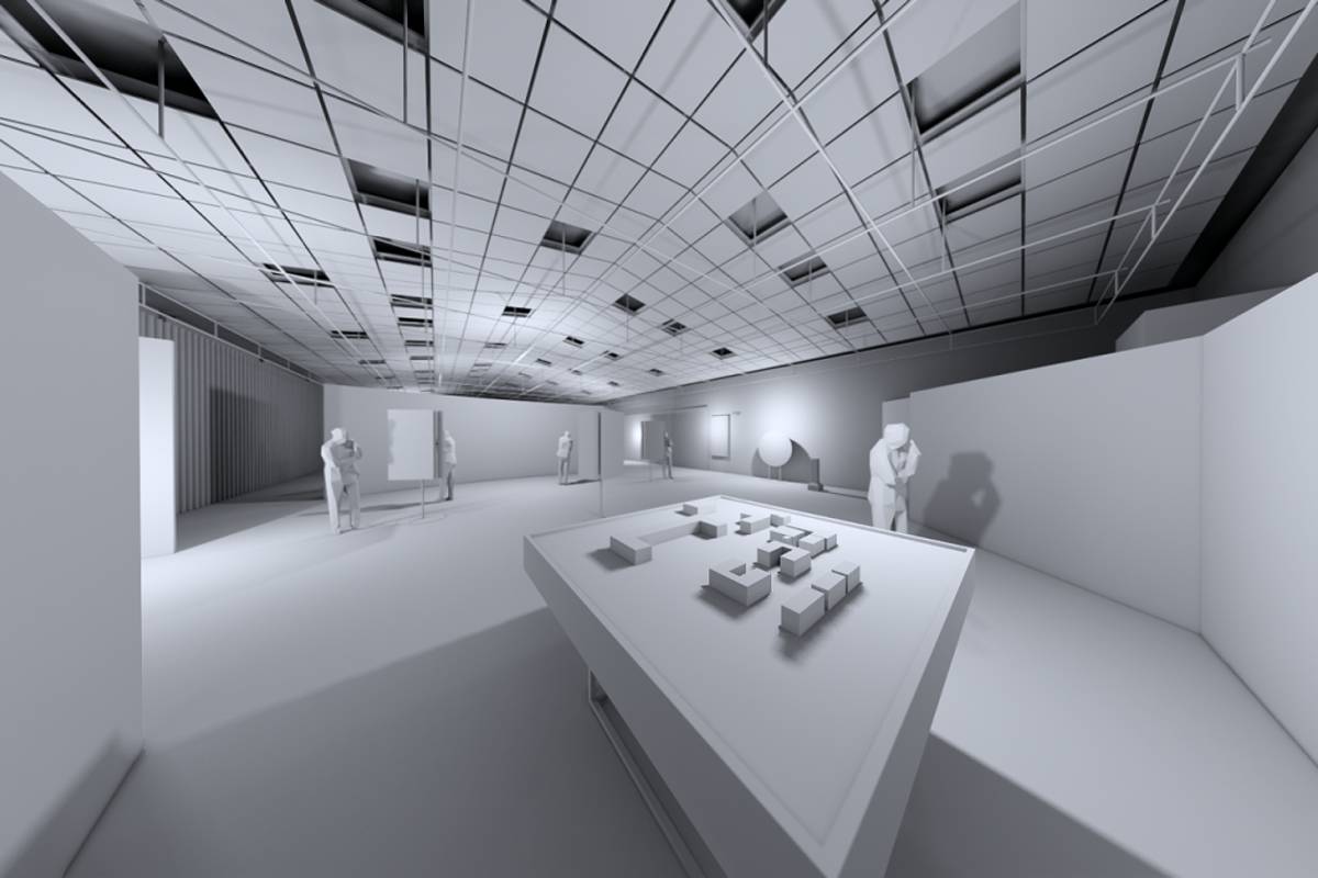「打開空總_X_AI_多重未來」展覽分享國際案例，並以AI人工智慧輔以建築模型，創造空總的多重未來想像，此為展場空間模擬圖。（實踐大學設計學院_VISION_BASE提供）