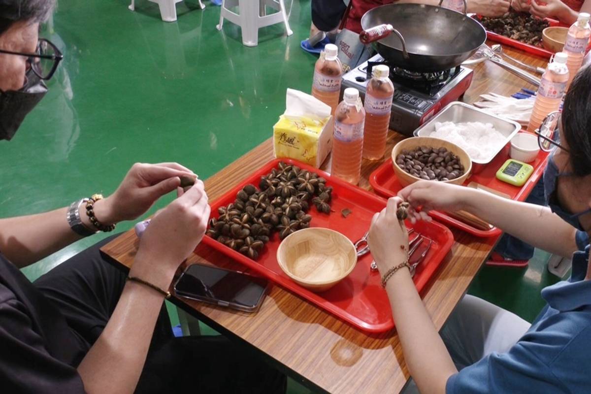 參與農遊體驗的民眾以人工方式替印加果脫殼。