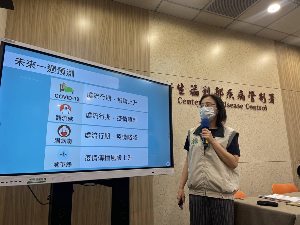 預測未來一週「COVID-19處流行期，疫情上升；類流感處流行期，疫情略升；腸病毒處流行期，疫情略降；登革熱疫情傳播風險上升。」