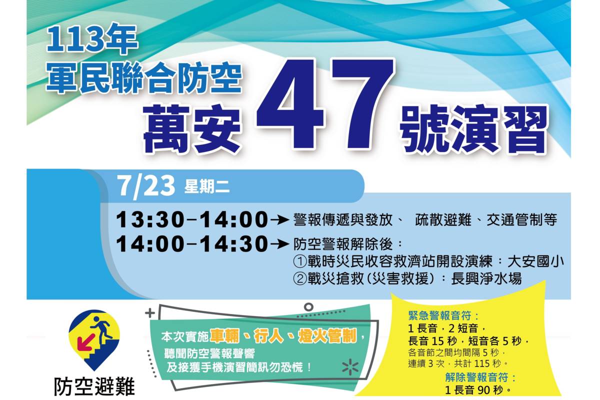 北部地區7/23將進行113年軍民聯合防空-萬安47號演習