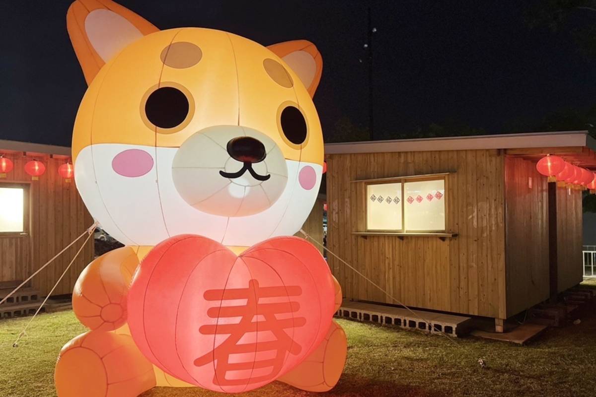 鐵花燈之祭迎來新面孔，1隻眼睛圓滾滾、抱著愛心「春」字的柴犬，坐在行人徒步區草地上，象徵「張燈結綵慶團圓，柴柴旺旺賀新春」意涵。