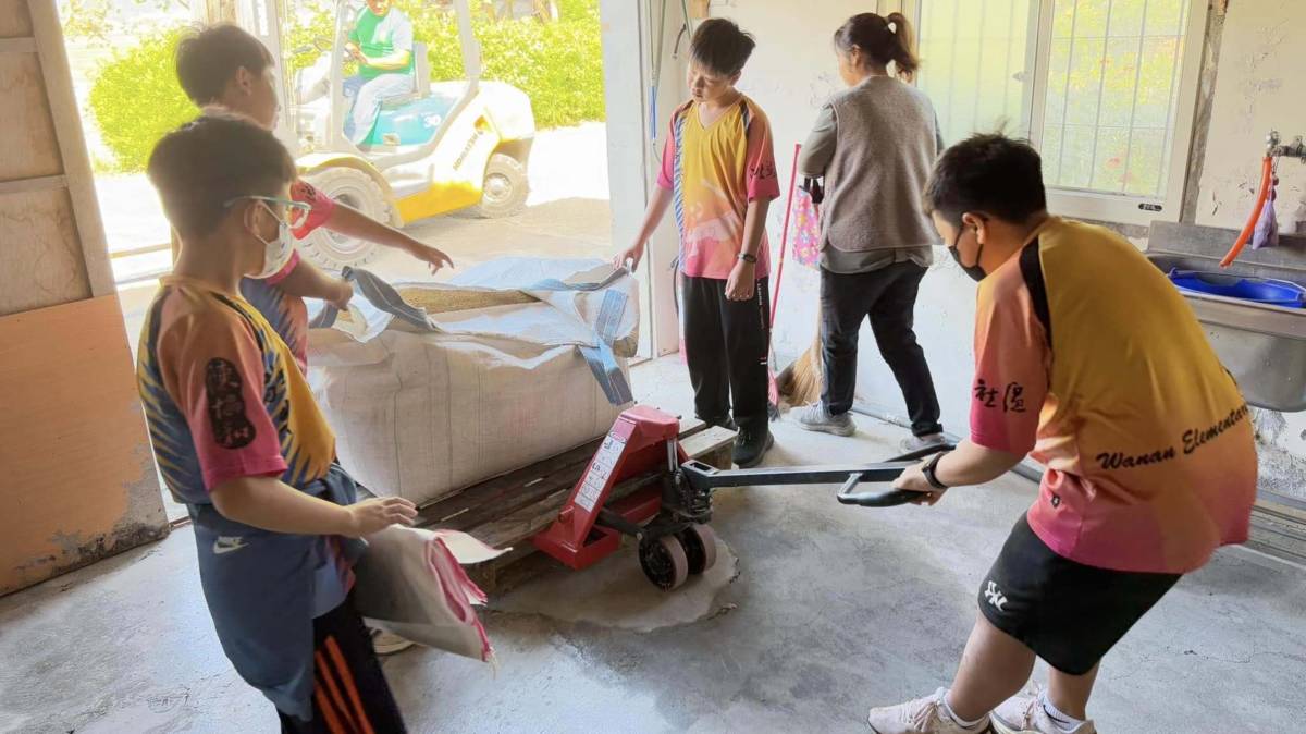 池上鄉萬安國小畢業生為了籌畢業旅行的費用傳統手工製作萬安手曬米，社區家長共同協力(相片由校長提供)