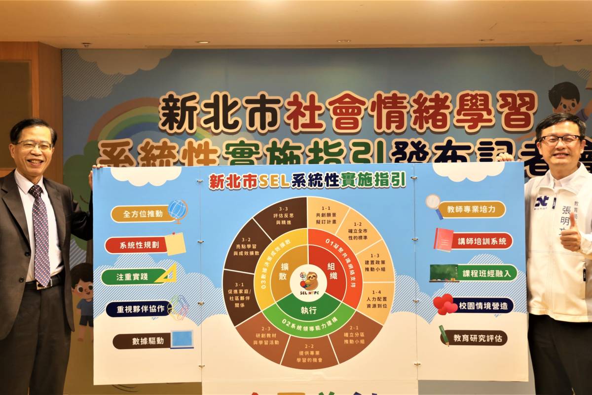 教育局長張明文(右)與臺灣師大副校長宋曜廷(左)共同發布新北市推動社會情緒學習系統性實施指引