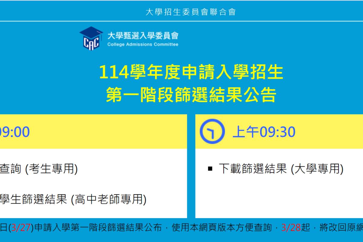 大學申請入學一階今公告