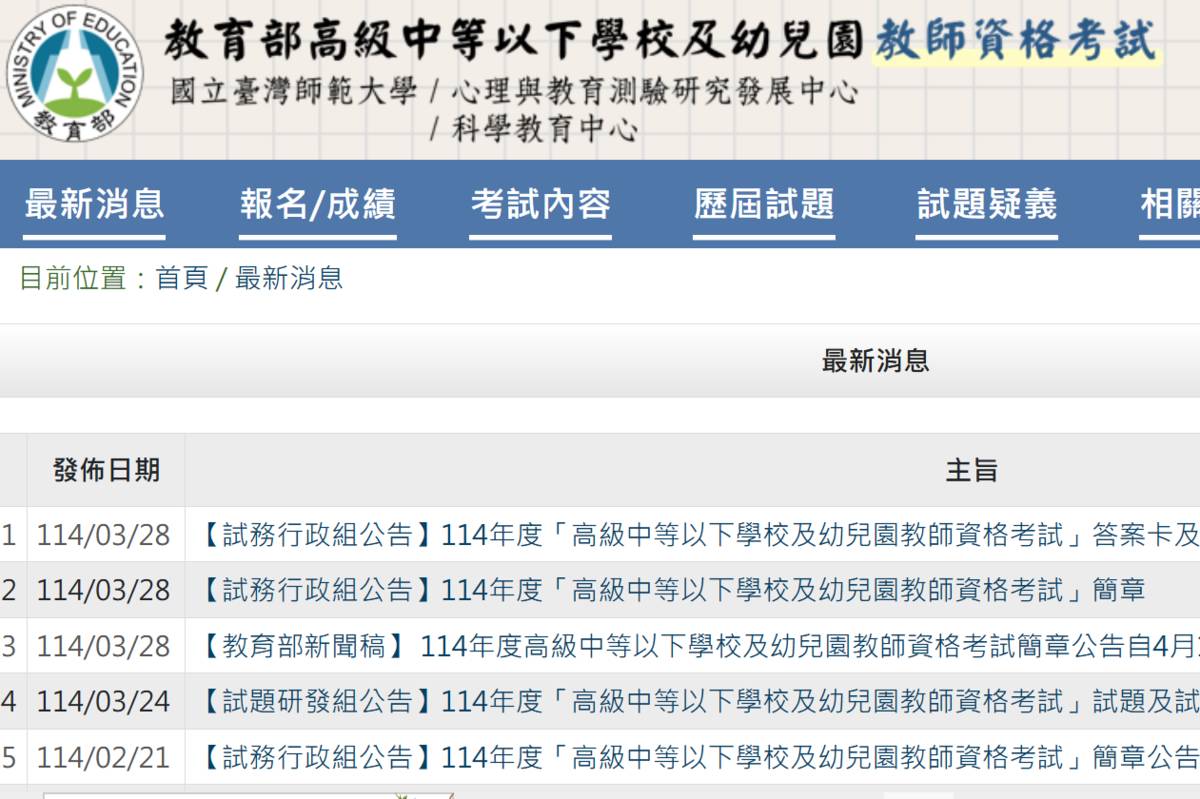 114年度高級中等以下學校及幼兒園教師資格考 4/10起報名