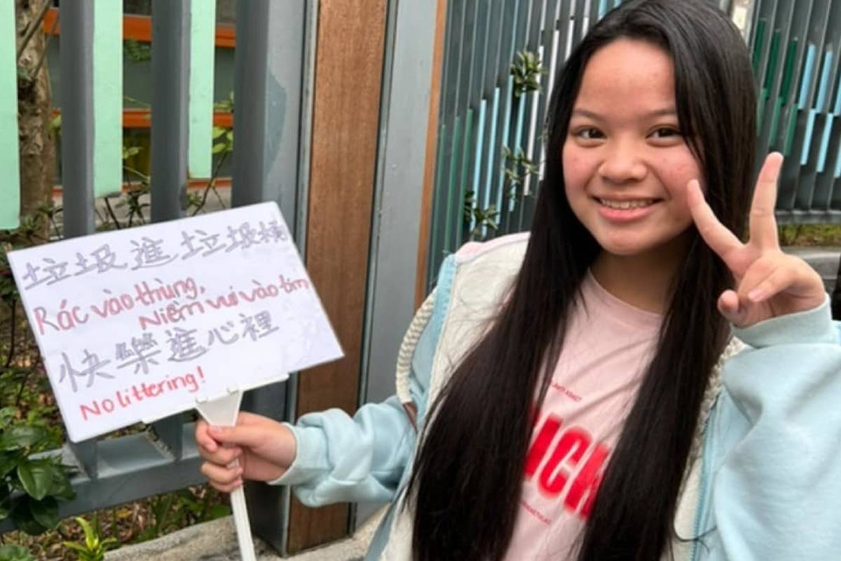 學生設計製作宣導標語，除了中文版外，還有越南文版

