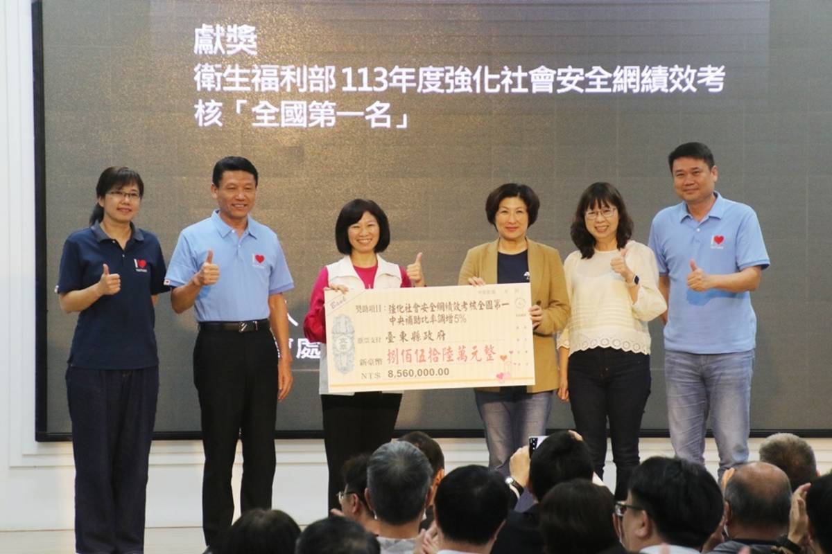 臺東縣政府113年度「強化社會安全網績效考核」獲得全國第1名，衛生福利部對臺東縣政府的補助將增加5％，預估新增856萬元預算。