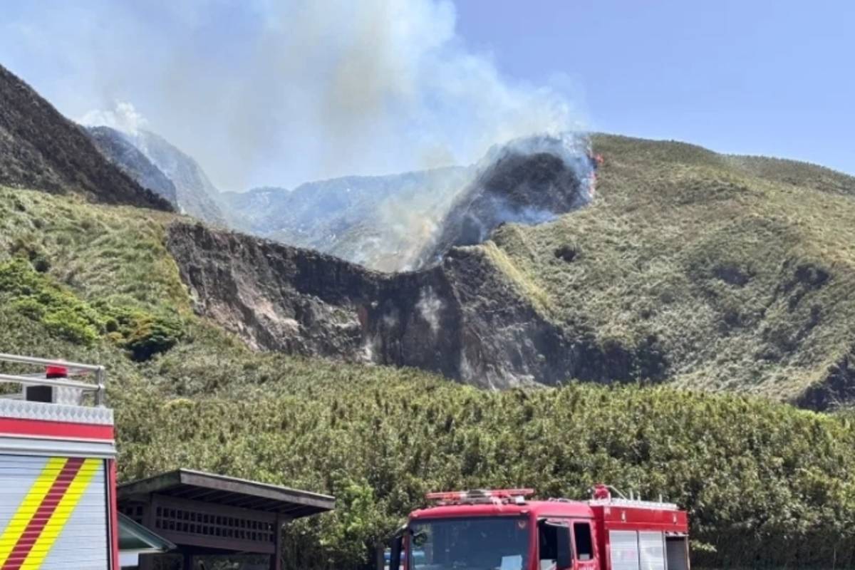 北市陽明山小油坑附近發生山林火警，北市消防局出動消防車灌救