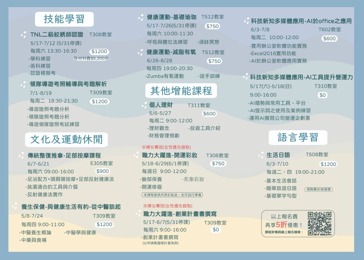 臺東縣勞工大學夏季班推出12門多元實用課程，即日起開放報名。