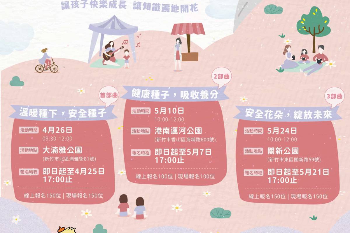 新竹市政府衛生局指出，「童守健康 安全綻放」活動場次分別為4月26日大湳雅公園、5月10日港南運河公園及5月24日關新公園。
