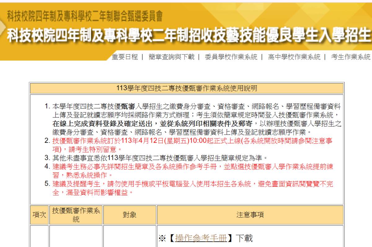 四技二專技優甄審入學招生 今起受理報名