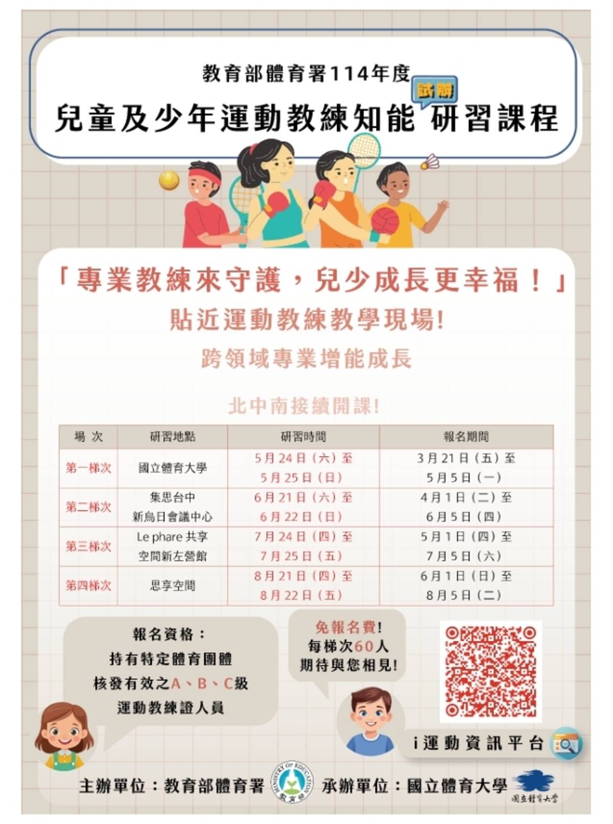 體育署說明，本次研習課程第1梯次已報名額滿，第2梯次現正開放報名，後續第3梯次於5月1日開放報名，第4梯次將於6月1日開放報名