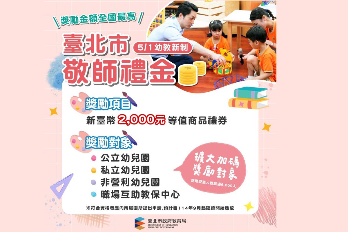臺北市114年起敬師禮金獎勵金額發放對象納入私幼教職員工