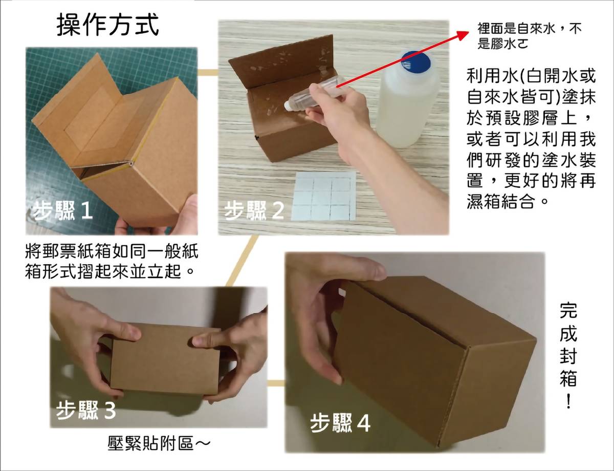 聯合大學「再濕箱」團隊，以郵票背膠作為技術靈感，開發「再濕膠技術」，可讓包裝減量，更為環保。(教育部提供)