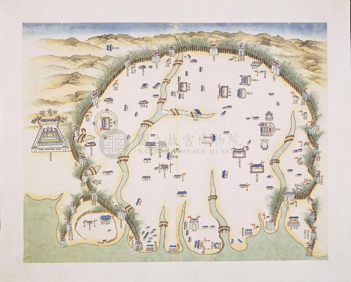 清乾隆年間彩繪本 重修臺郡各建築圖說-重建臺灣郡城圖。(故宮提供)
