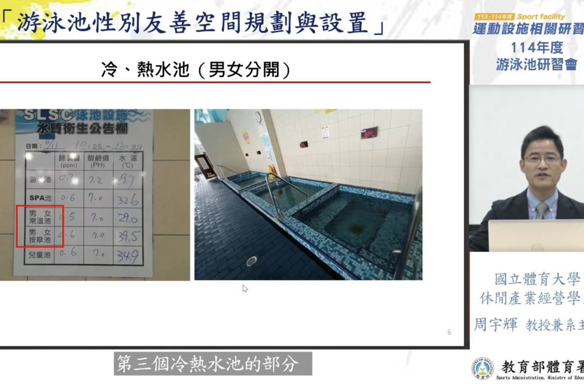 體育署邀請國立體育大學周宇輝教授針對游泳池性別友善空間規劃與設置，提供實務上更多不可忽視的細節。